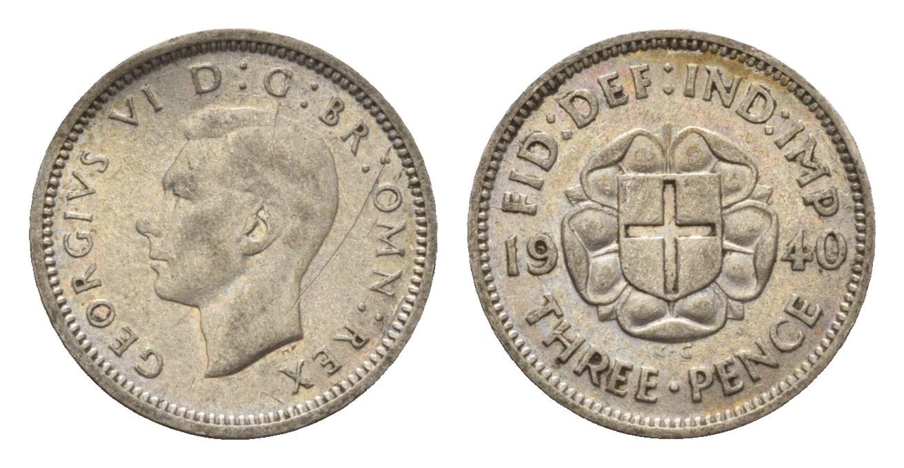 Великобритания 3 пенса 1940 Георг VI (1936-1952) KM 848, Spink 4085 серебро 4644-844