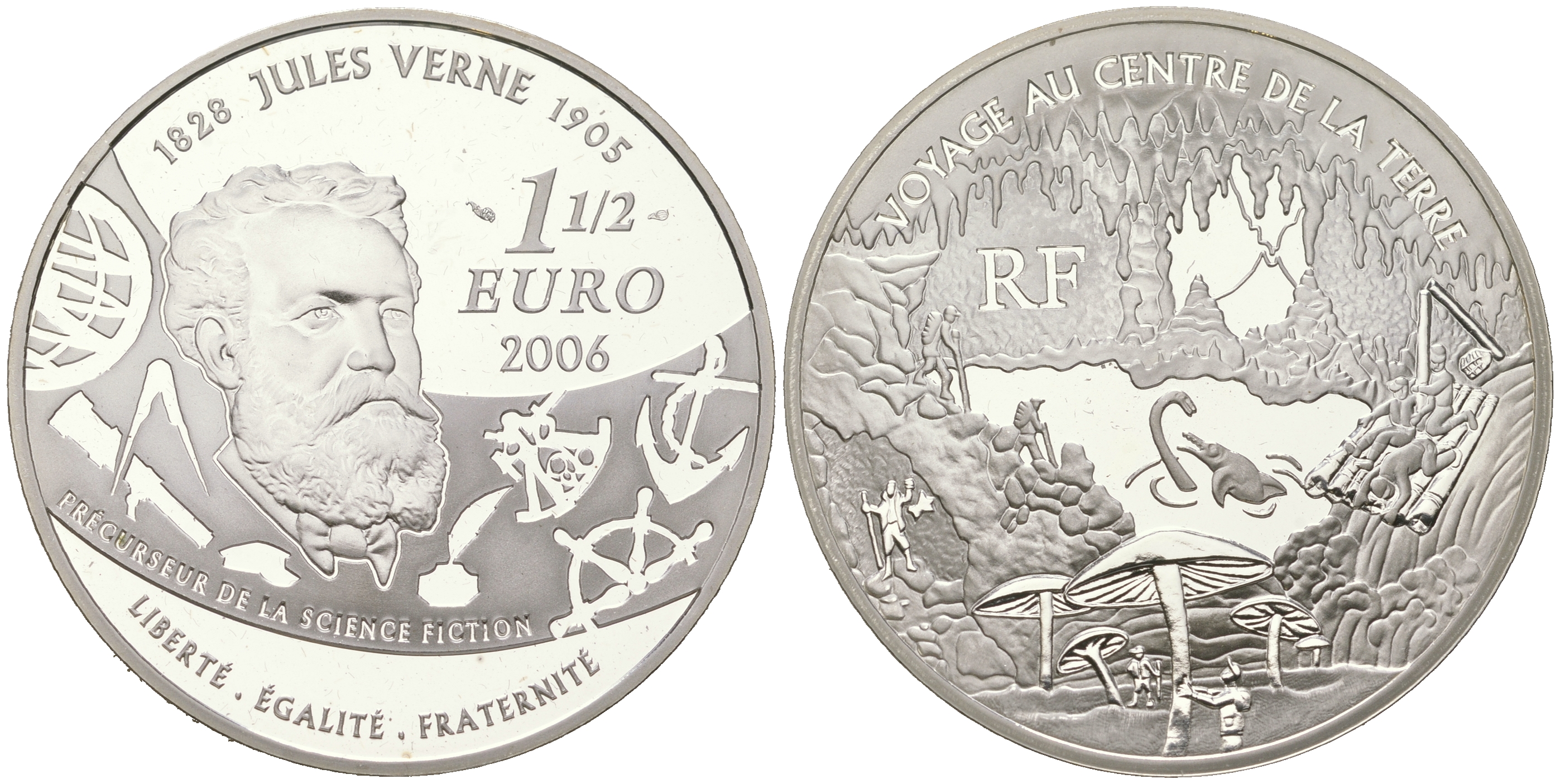 Франция 1 1/2 евро 2006 Жюль Верн, путешествие к центру Земли, в оригинальной коробке KM 2064 серебро  PROOF  3-4-11-19