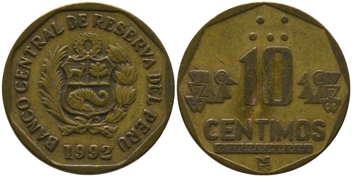 Перу 10 сентимо 1992 LIMA KM 305.1, Schon 104 латунь 4543-541