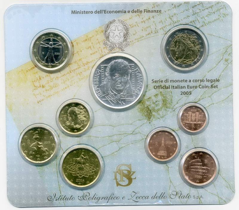 Италия набор из 9 монет 2005 включая 5 евро Федерико Феллини серебро UNC 4-5-3-05