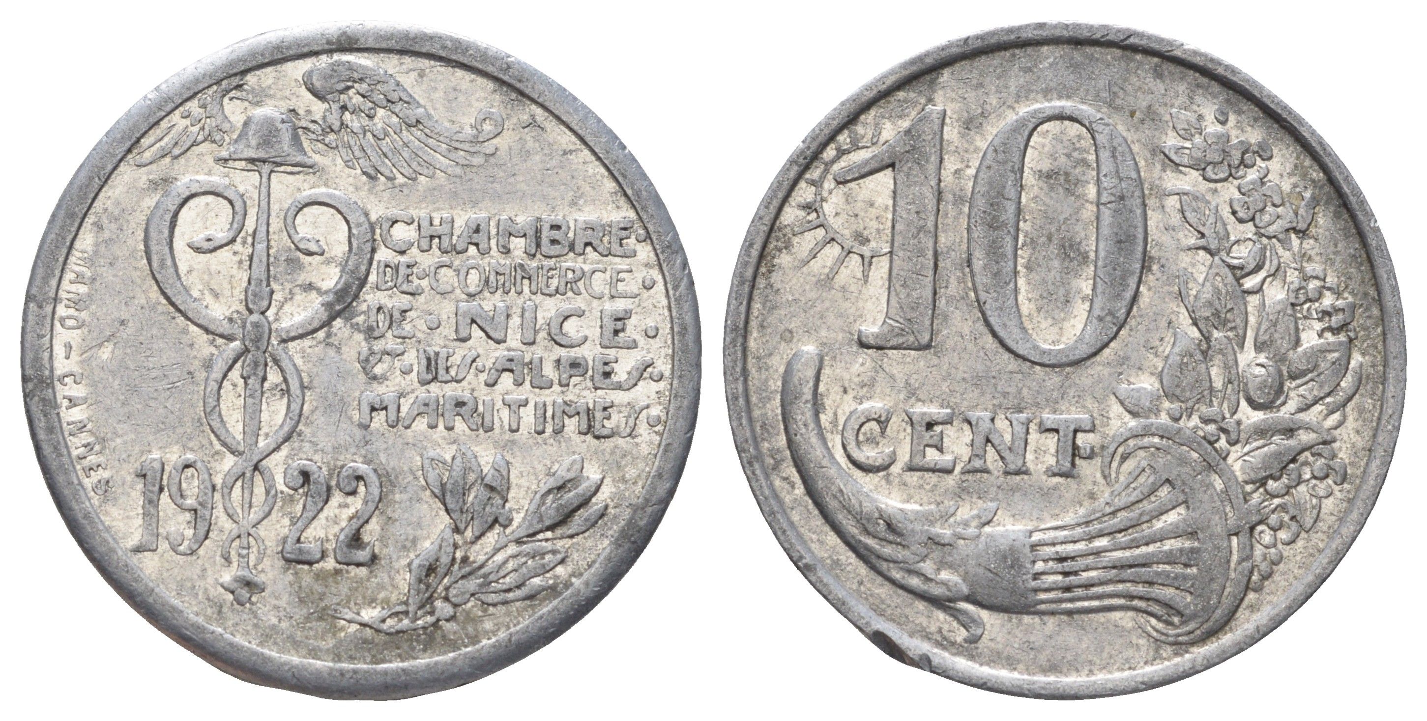 Франция, Ницца 10 сантимов 1922 диаметр 25 мм, вес 1,5 гр Elie mon 10.4 алюминий 4126-1212