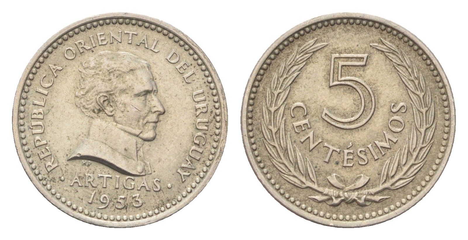 Уругвай 5 сентимо 1953 год-тип KM 34 медно-никель UNC 4705-456