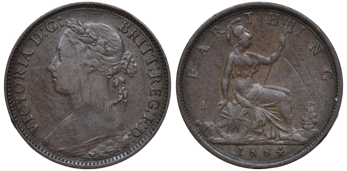 Великобритания 1 фартинг 1884 Виктория (1837-1901) KM 753 Spink 3958 бронза 4609-1026