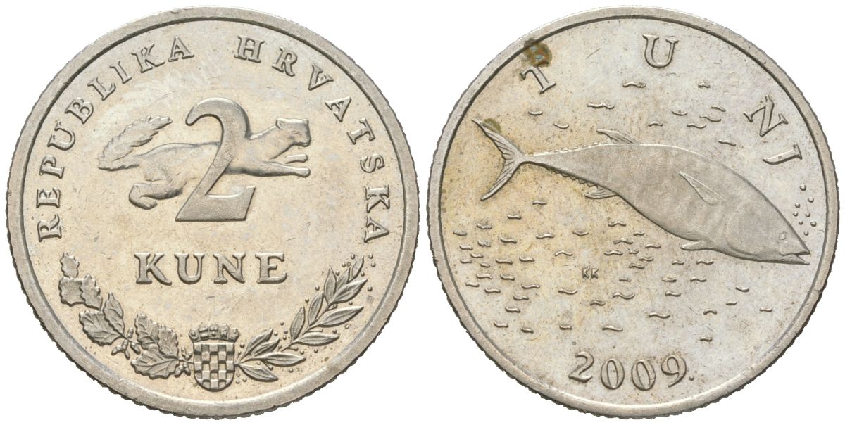 Хорватия 2 куна 2009 тунец, легенда на хорватском KM 10 медь цинк никель aUNC 4383-1053