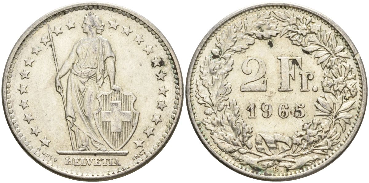 Швейцария 2 франка 1965 KM 21 серебро 4607-546