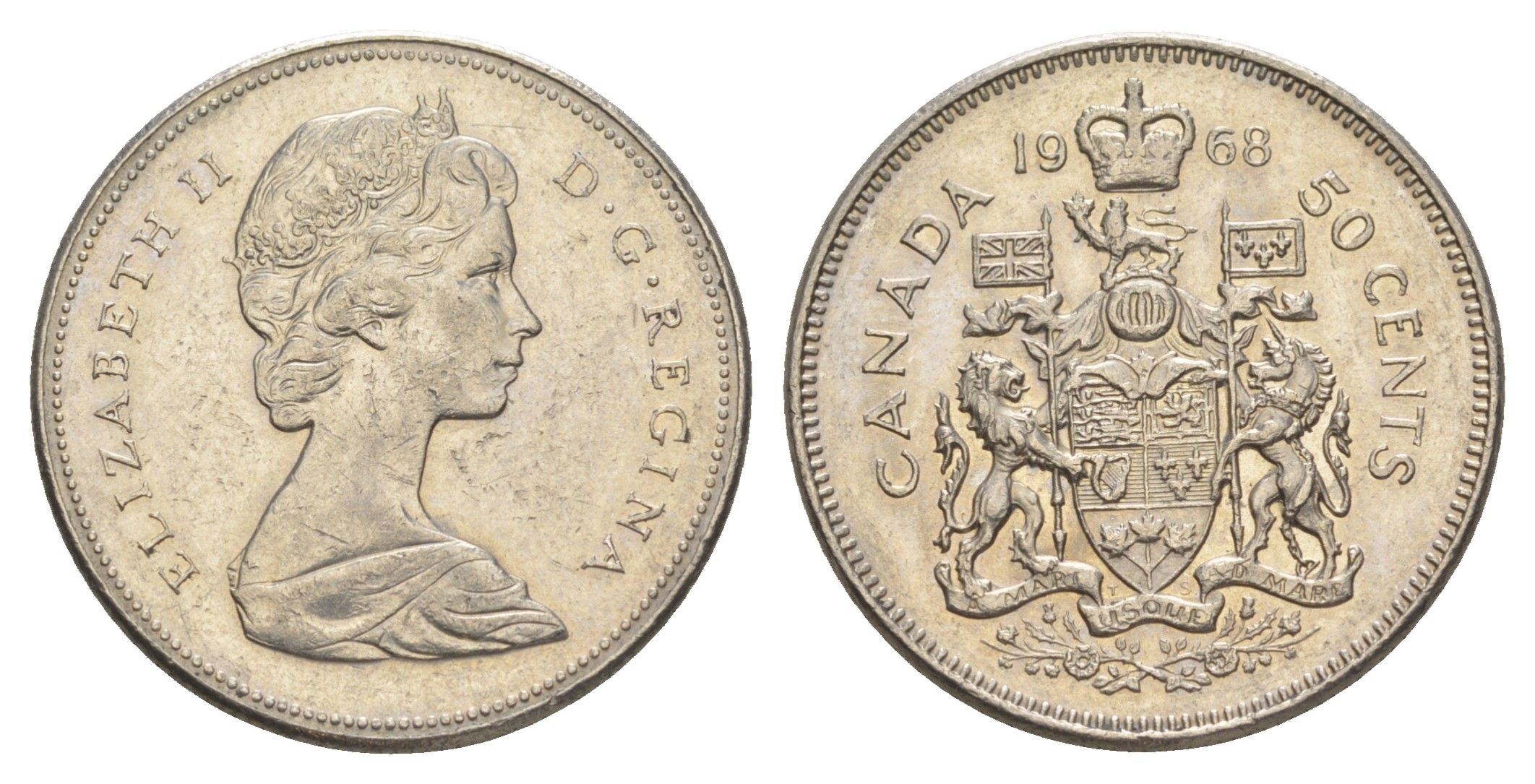 Канада 50 центов 1968 Елизавета II (1952-2022), герб KM 75.1 никель aUNC 4631-742