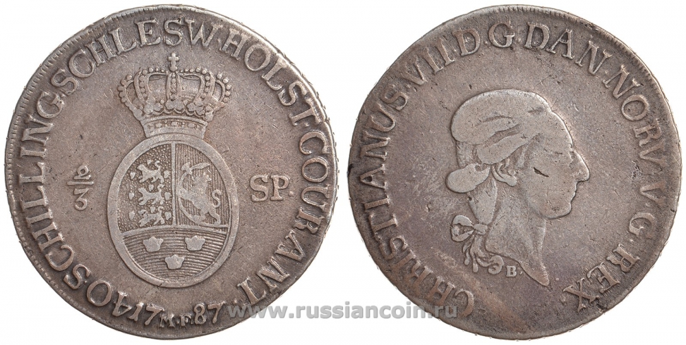 Шлезвиг-Гольштейн 40 шиллингов = 2/3 далера 1787 MF, KM 8, Jaeger 9 серебро 00-804-53