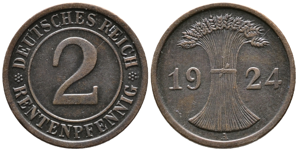 ГЕРМАНИЯ 2 РЕНТЕНПФЕННИГА 1924 A KM 31, J. 307 бронза 24-616