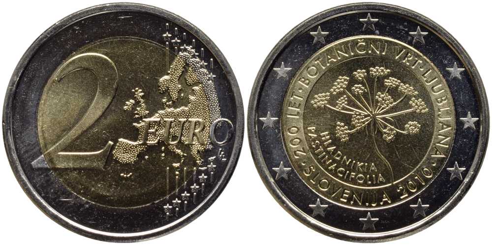 Словения 2 евро 2010 200 лет ботаническому саду Любляны KM 94 биметалл UNC 38-823