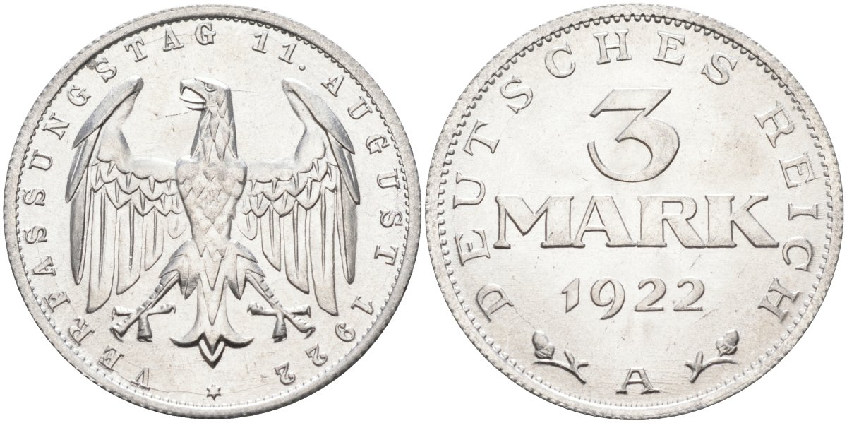 Германия 3 марки 1922 A, третья годовщина Веймарской Конституции KM 29, J.303 алюминий UNC 4587-243