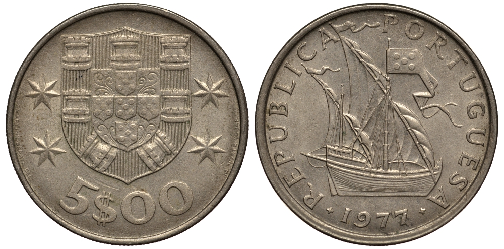 ПОРТУГАЛИЯ 5 ЭСКУДО 1977 ПАРУСНИК KM 591 медно-никель VF 4182-555