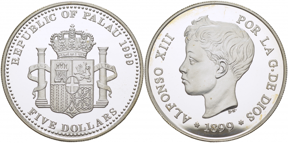 Палау 5 долларов 1999 испанские 5 песет, Альфонсо XIII KM 16 серебро PROOF 1077-9-63