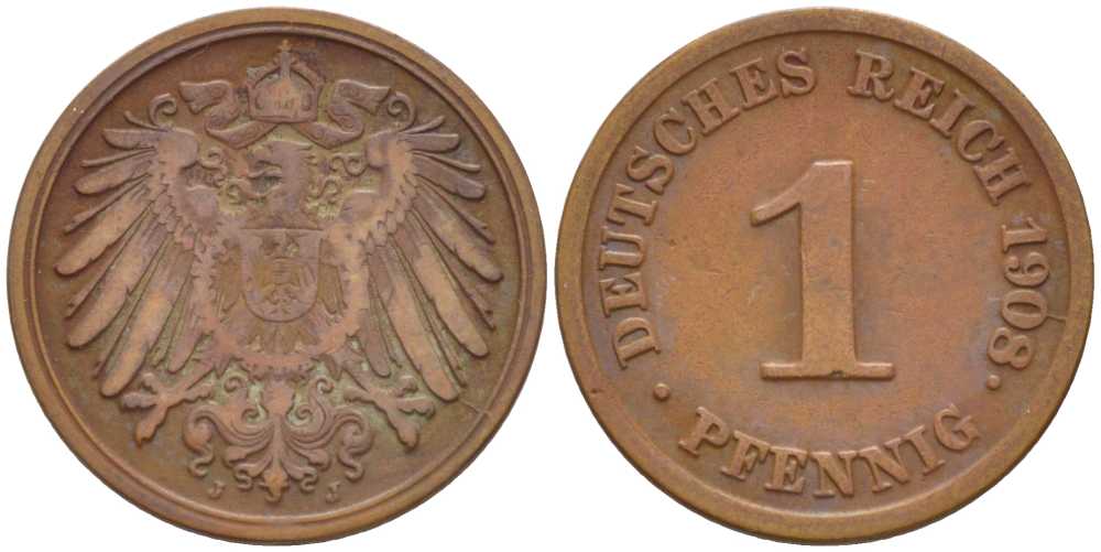 ГЕРМАНИЯ 1 ПФЕННИГ 1908 J KM 10, J. 10, Weege 2 медь 211-414