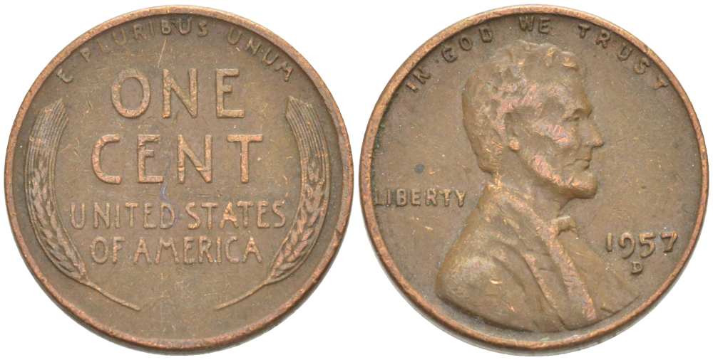 США 1 ЦЕНТ 1957 D, ЛИНКОЛЬН KM А132 медь цинк 3309-1217