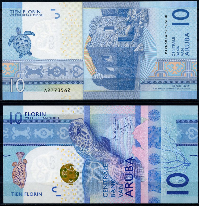 Аруба 10 флоринов 2019 Руины золотой мельницы Буширибана, черепаха Pick 21 бумага  UNC (пресс) 447-61-3