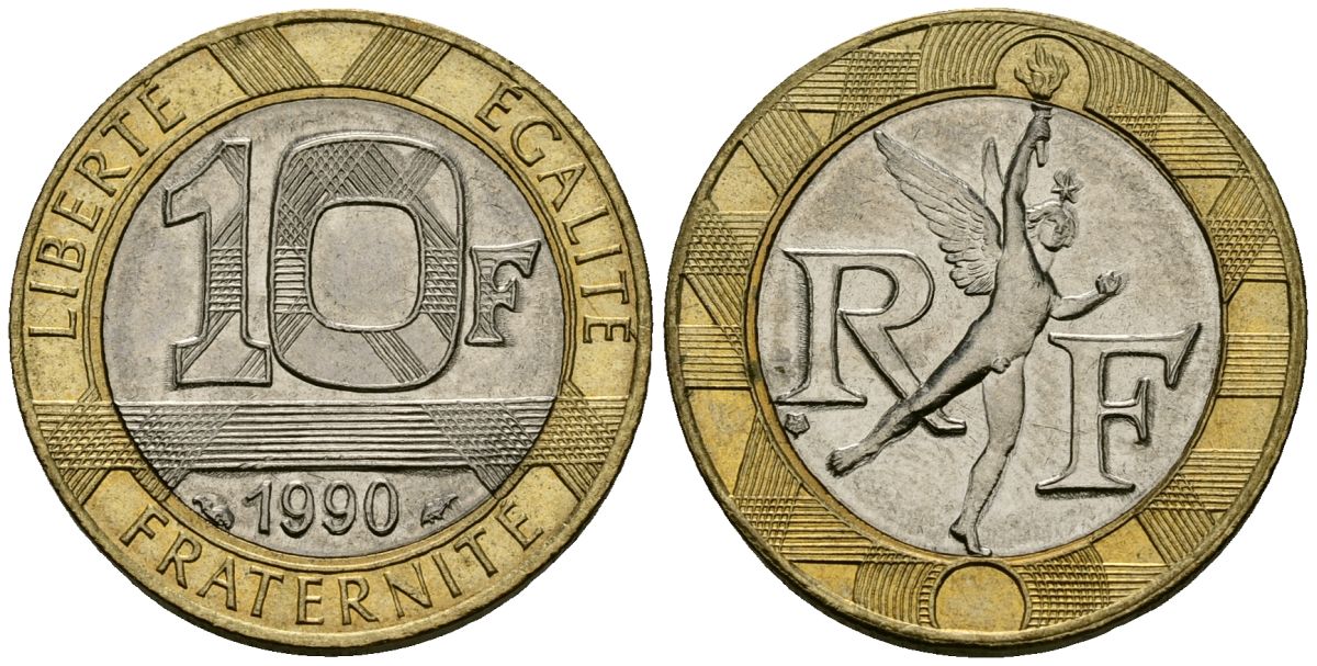 Франция 10 франков 1990 тип Гений Бастилии KM 964.1, Le Frank 375.5 биметалл 4135-543