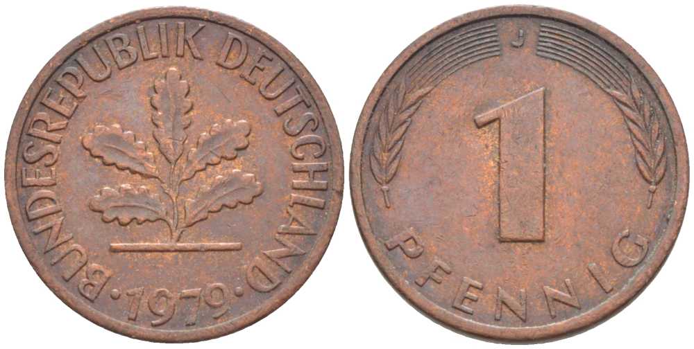 ФРГ 1 ПФЕННИГ 1979 J KM 105, J. 380 сталь плакированная медью 116-412