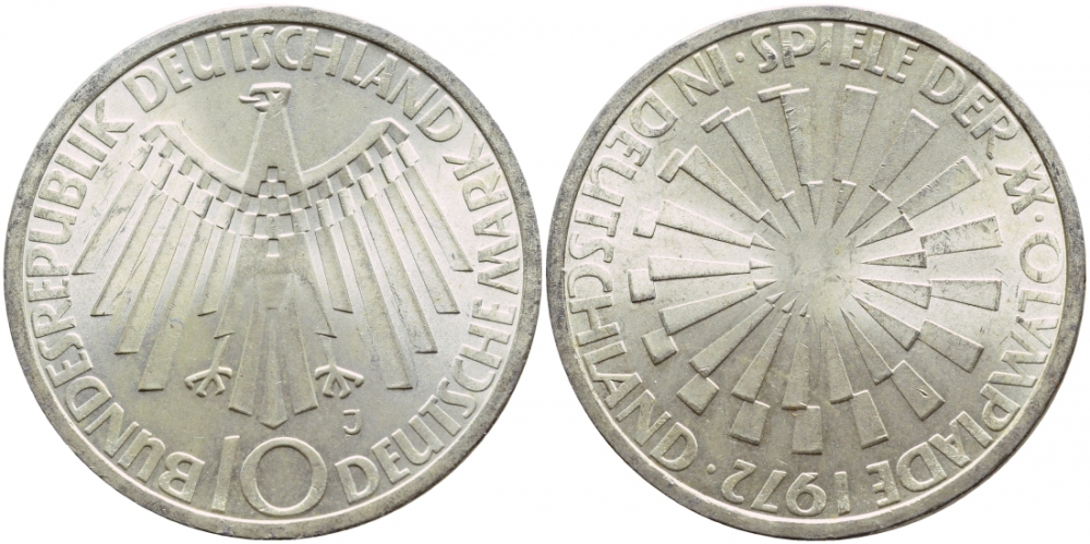ФРГ 10 МАРОК 1972 J, ОЛИМПИАДА, СПИРАЛЬ KM 130, J.401a серебро UNC 1520-1421