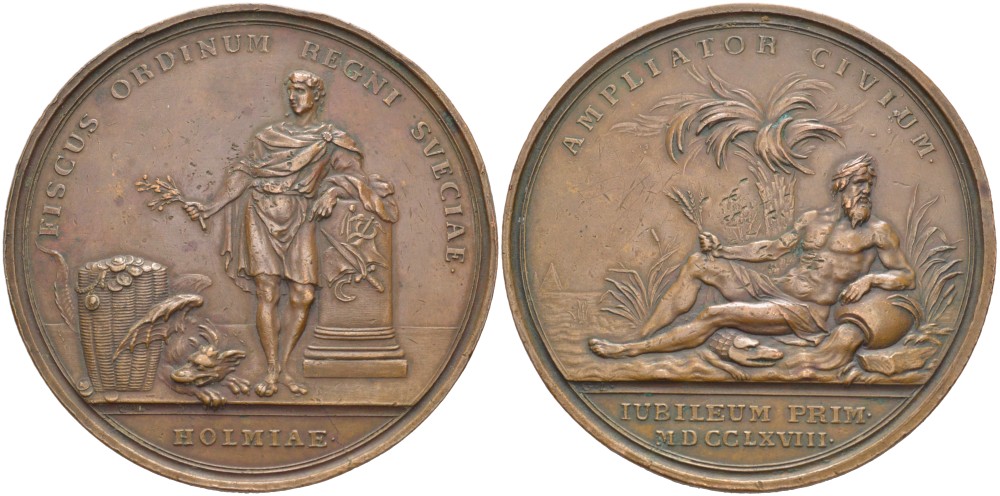 Швеция  медаль 1768 финансы, парламент Швеции, Стокгольм, юбилей 1768 года, FISCUS ORDINUM REGNI SVECIAE, HOLMIAE, AMPLIATOR CIVIUM, IUBILEUM PRIM - 1768,  диаметр 63 мм., вес 80,26 гр.  бронза    1089-2-42