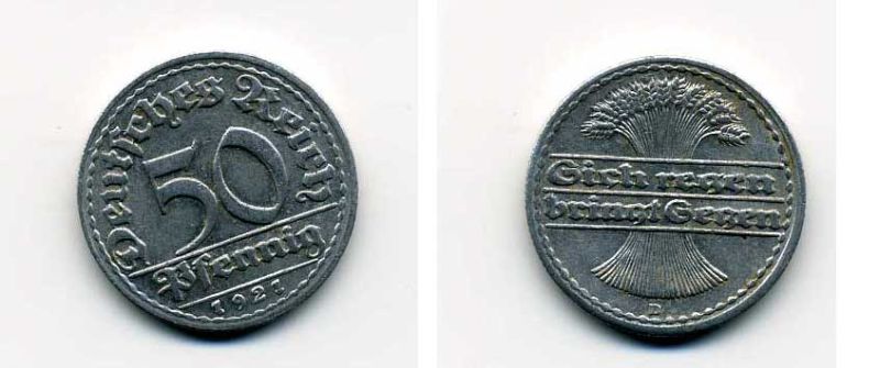 ГЕРМАНИЯ 50 ПФЕННИГОВ 1921 D KM 27, J. 301 алюминий 29-333