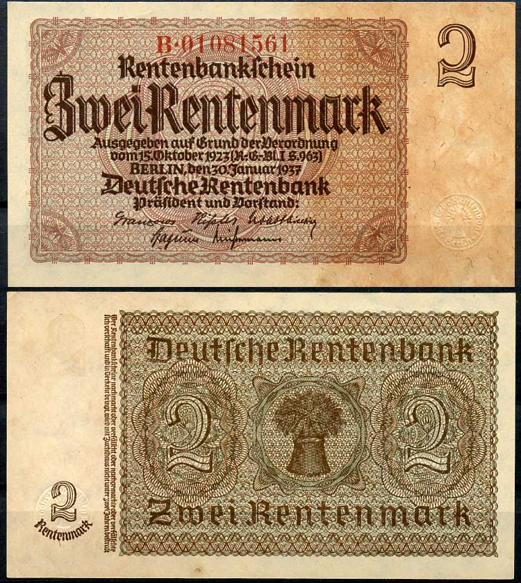 Германия 2 рентенмарки 1937 8 цифр в номере, серия B Pick 174 b (2), Rosenberg 167с бумага аUNC 7217-84-2-1