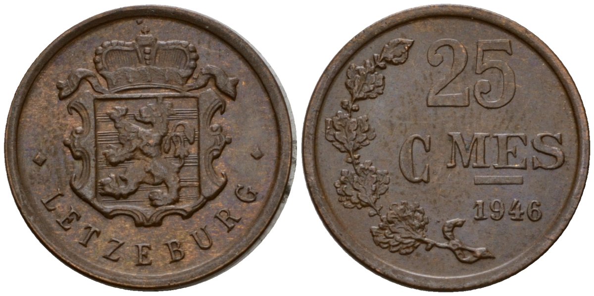 Люксембург 25 сантимов 1946 Шарлотта (1918-1964) KM 45 бронза 4115-829