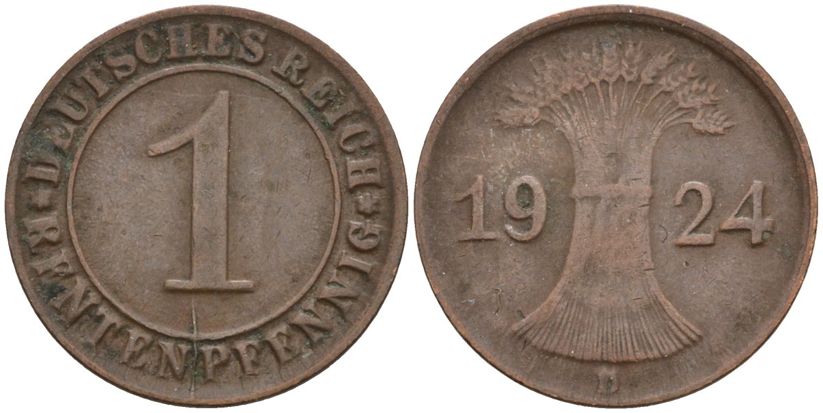 Германия 1 рентенпфенниг 1924 D KM 30, J. 306 бронза 4549-451