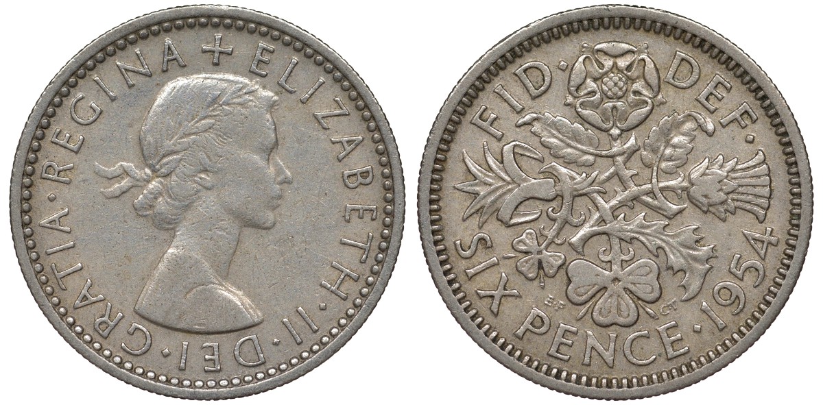 Великобритания 6 пенсов 1954 Елизавета II (1952-2022) KM 903, Spink 4149 медно-никель 4122-613