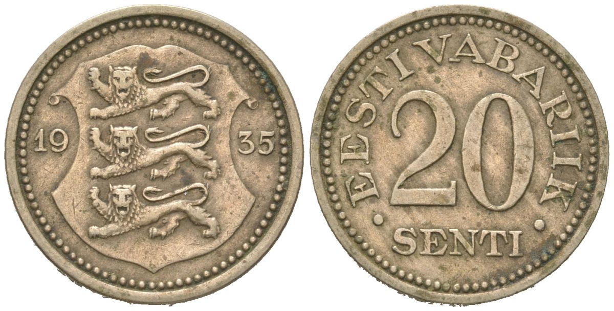 Эстония 20 центов 1935 Республика (1918-1941) KM 17 никель бронза 4615-1064