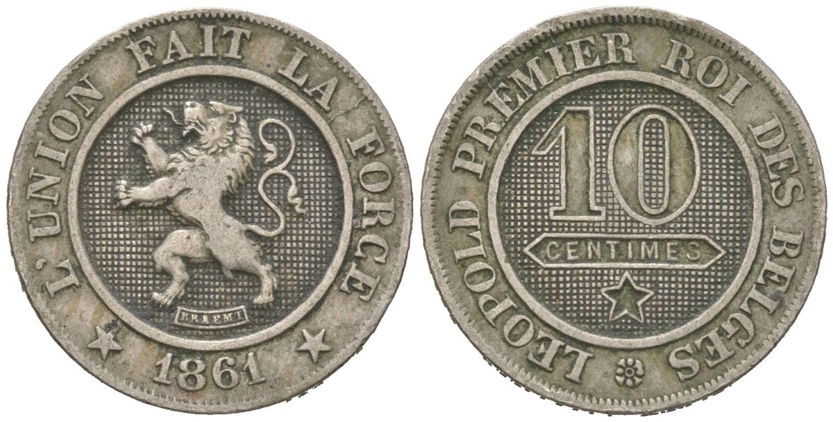 Бельгия 10 сантимов 1861 Леопольд I (1831-1865) KM 22 медно-никель 4615-666