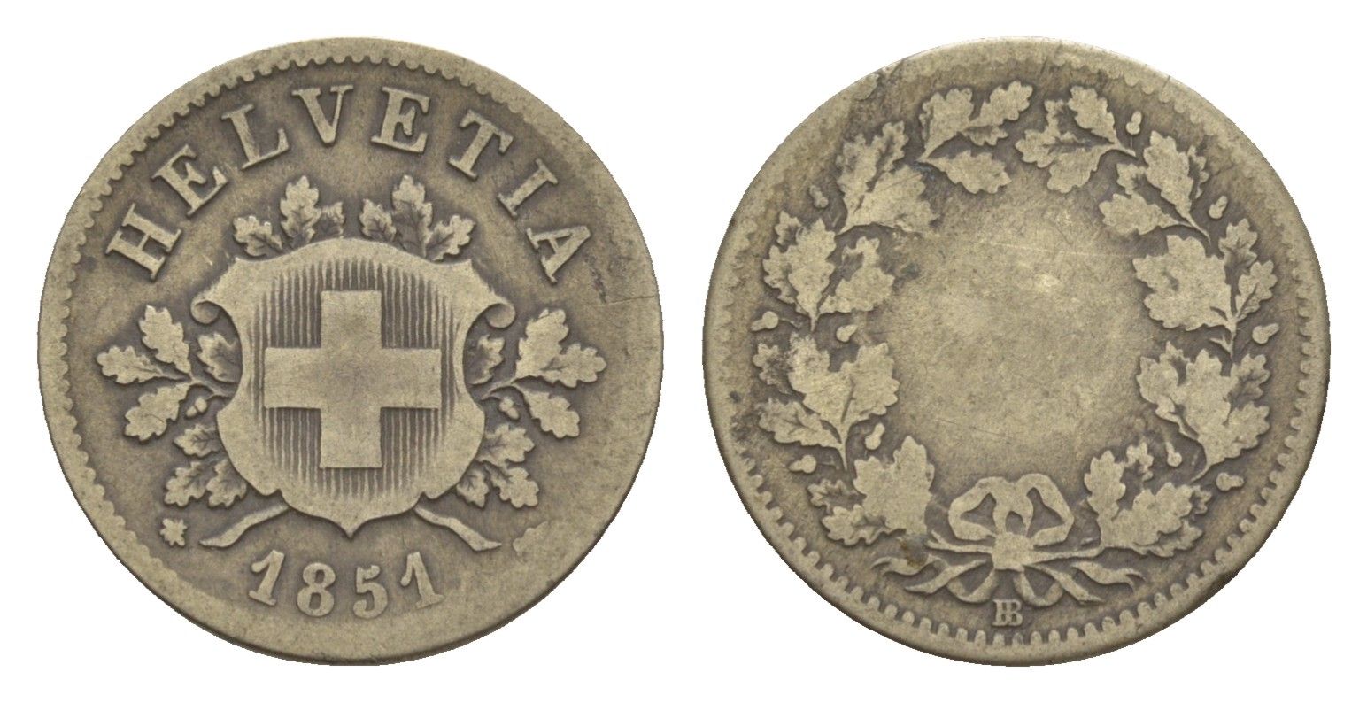 Швейцария 10 раппенов 1851 BB KM 6 серебро 4655-255