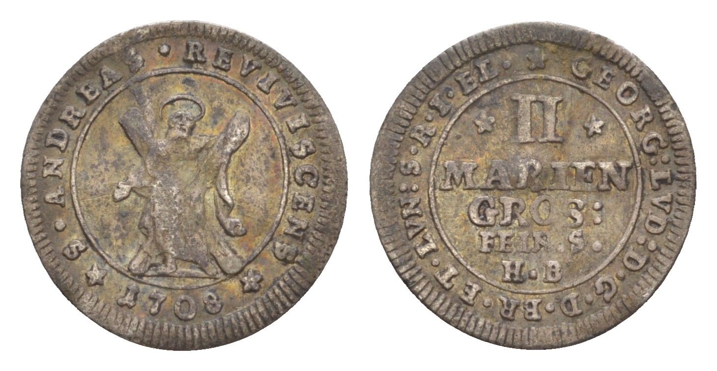 Брауншвейг-Каленберг-Ганновер 2 мариенгроша 1708 HB, Георг I (1698-1727), из коллекции Ричарда Б. Смита Welter 2201, KM 52 серебро 1525-831