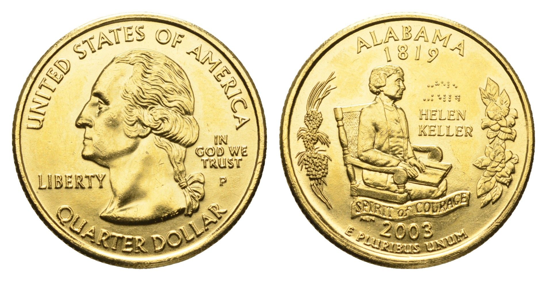 США 1/4 доллара (25 центов) 2003 Квотер штата Алабама KM 344 медь плакированная золотом UNC 11-117-45