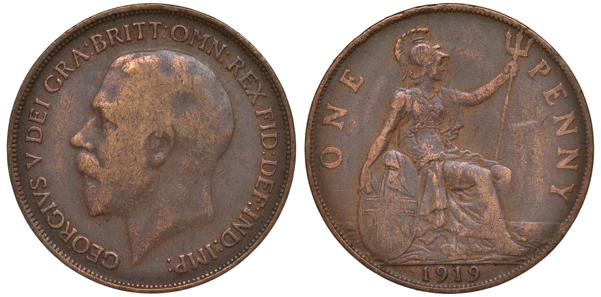 Великобритания 1 пенни 1919 Георг V (1910-1936) KM 810, Spink 4051 бронза 4123-1114