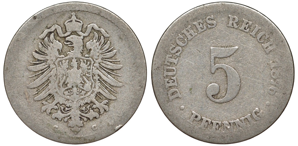 Германия 5 пфеннигов 1876 C, старогербовка KM 3, J. 3 медно-никель 51-3254