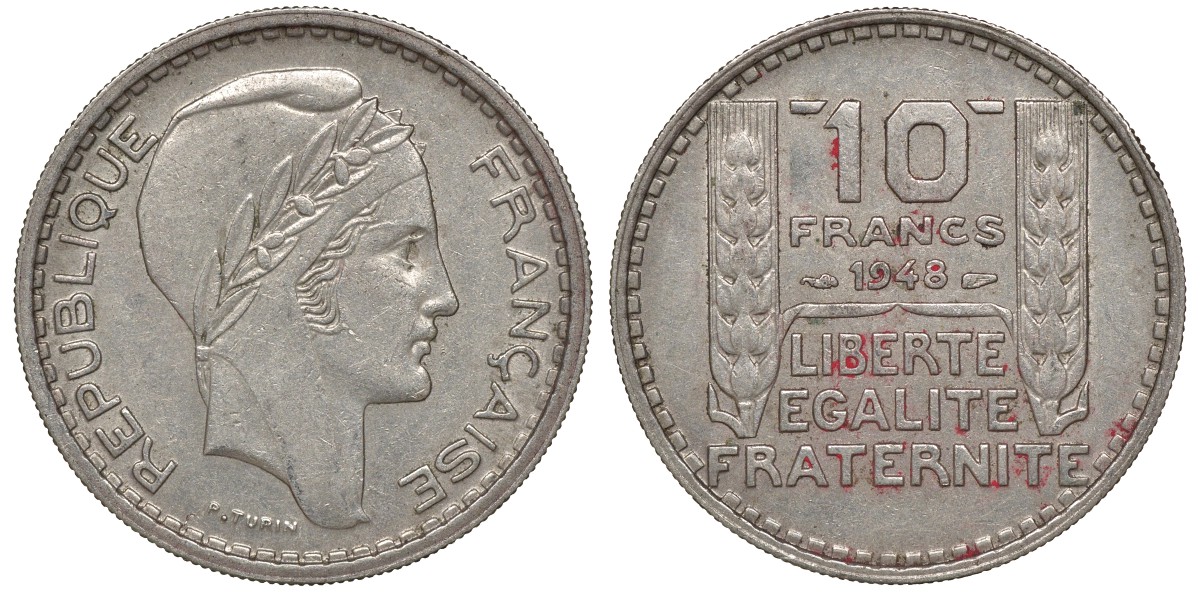 Франция 10 франков 1948 тип Пьер Турин KM 909.1, Le Franc 362.3 медно-никель 4162-115