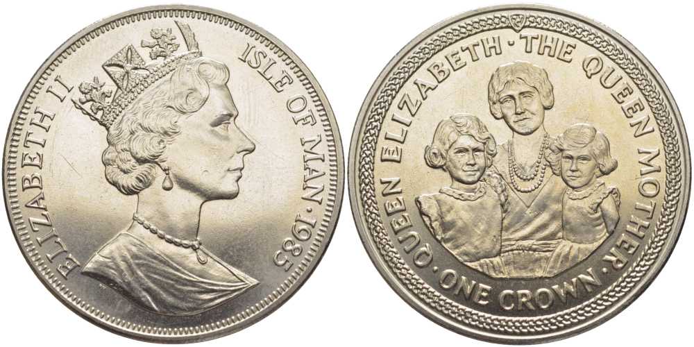 остров Мэн 1 крона 1985 Королева Елизавета (королева-мать), с дочерями KM 220 медно-никель UNC 107-812
