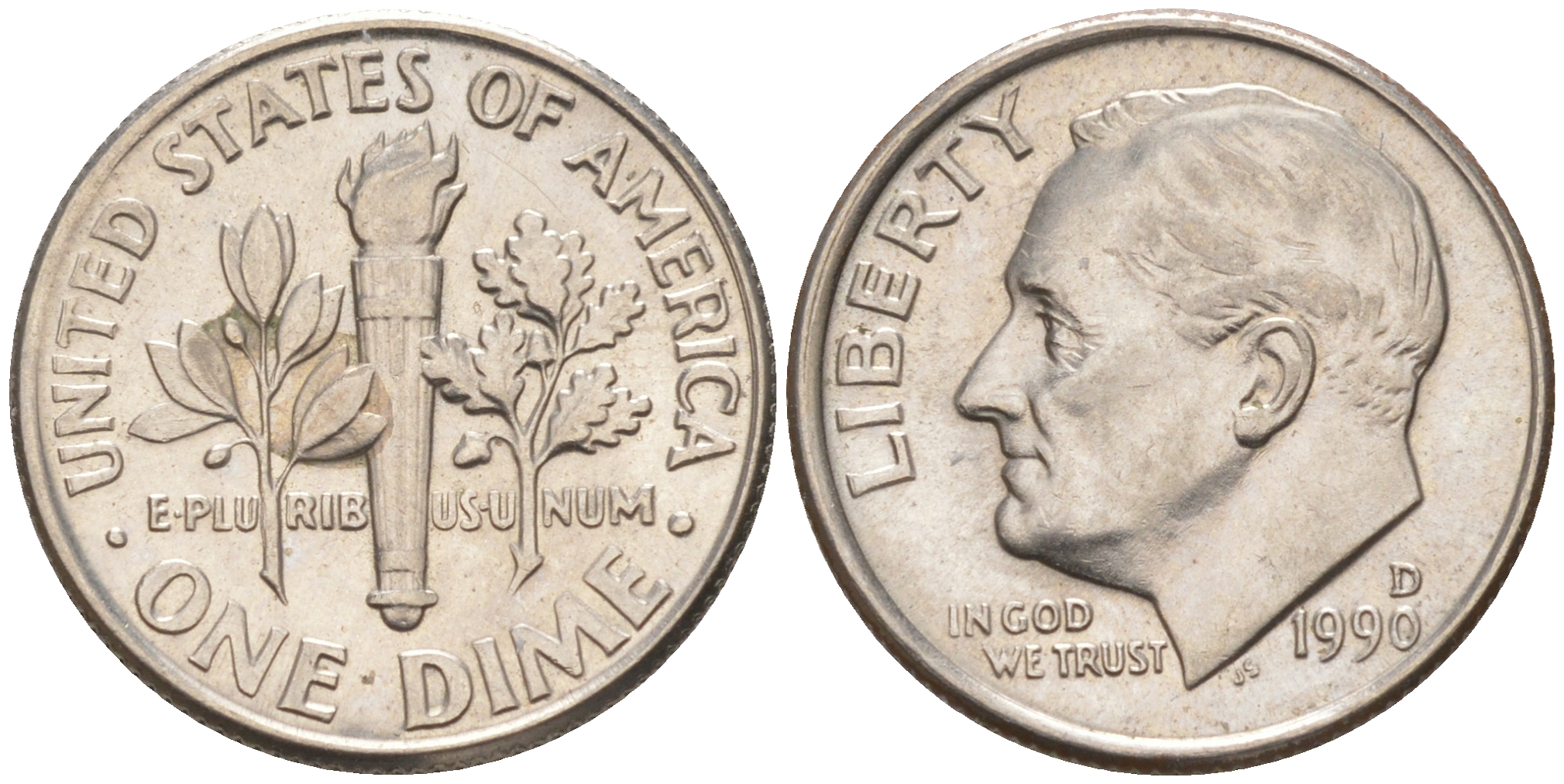 США 10 ЦЕНТОВ = 1 ДАЙМ 1990 D, РУЗВЕЛЬТ KM 195a медь плакированная медно-никелем 187-1065