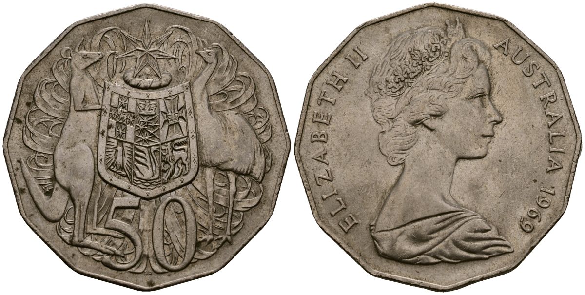 Австралия 50 центов 1969 Елизавета II (1952-2022), герб Австралии, кенгуру KM 68 медно-никель 4168-935