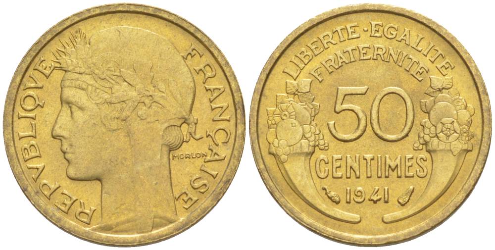 ФРАНЦИЯ 50 САНТИМОВ 1941 ТИП MORLON KM 894.1, LE FRANC 192.18 алюминиевая бронза 44-568