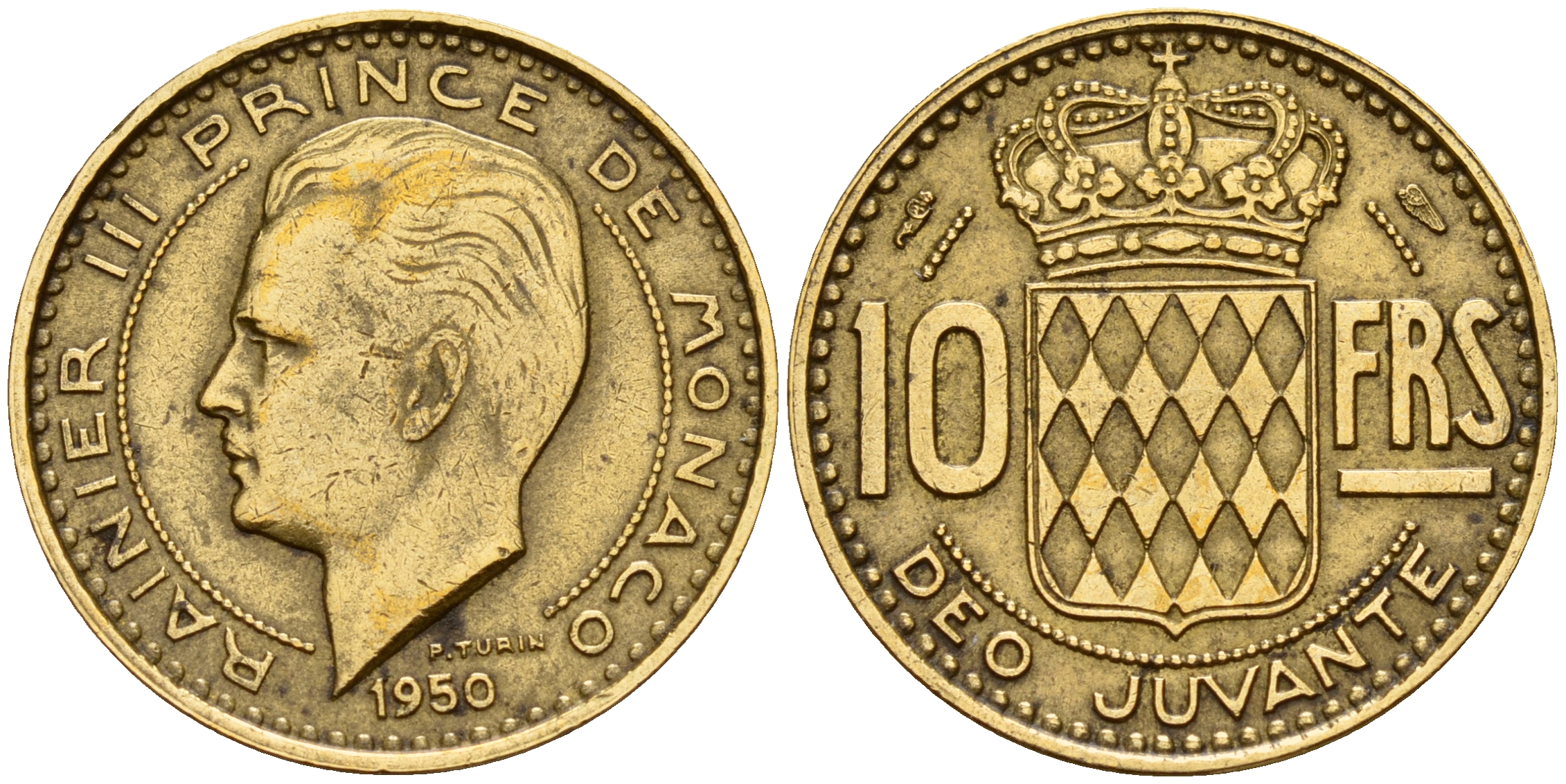 Монако 10 франков 1950 Ренье III (1949-2005) KM 130 алюминиевая бронза    4601-956