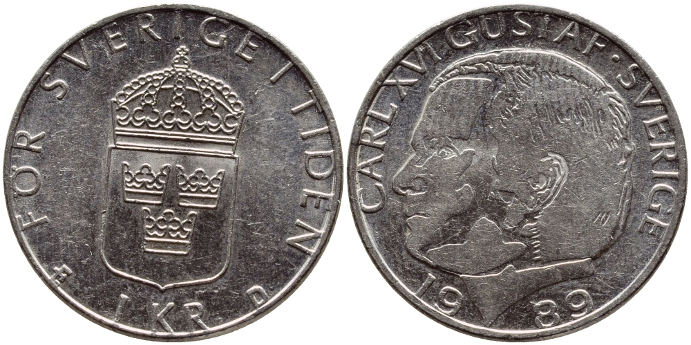 Швеция 1 крона 1989 Карл XVI Густав (1973- ) KM 852a медно-никель 4398-1211