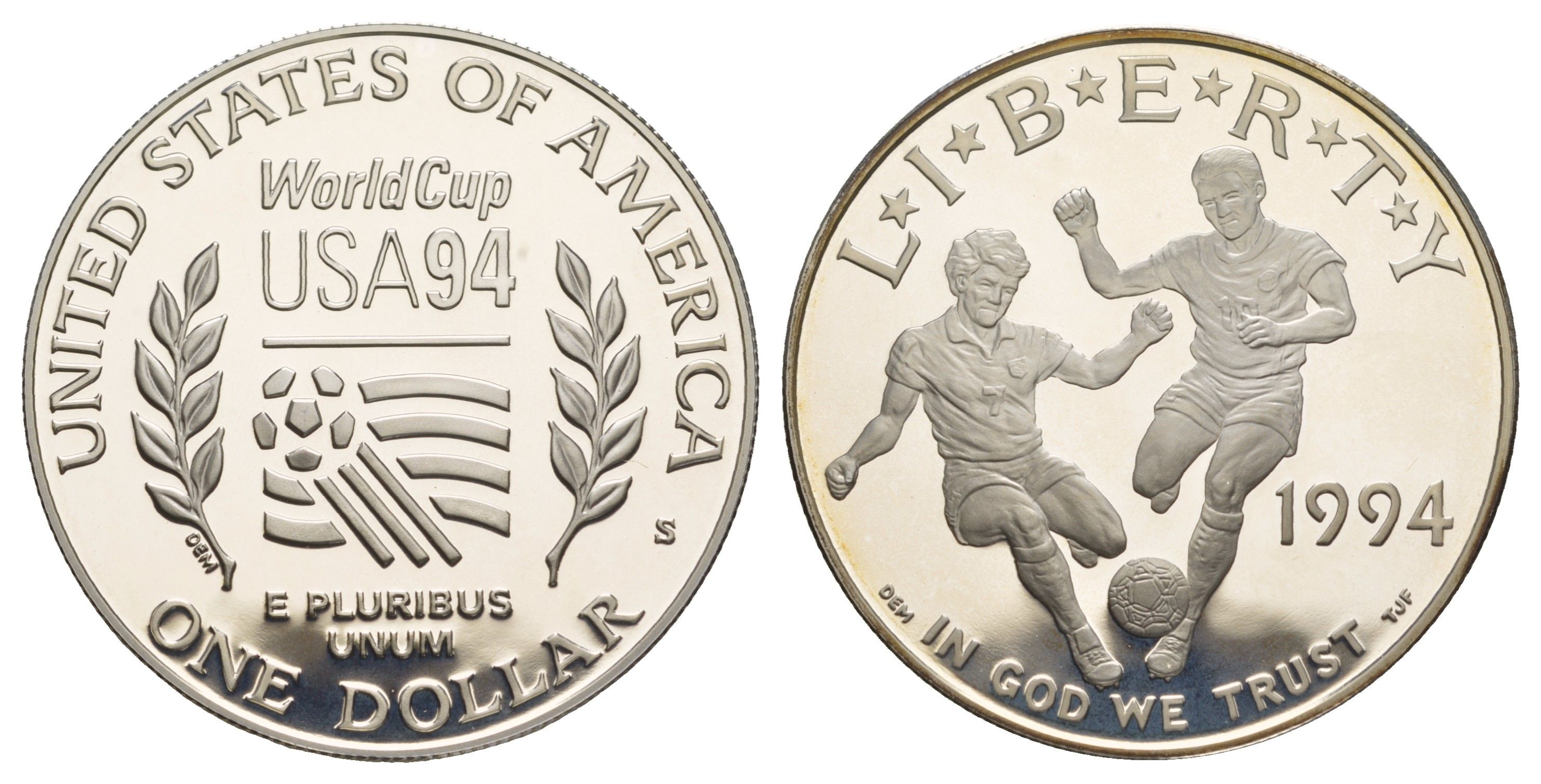 США 1 доллар 1994 S, Чемпионат мира по футболу 1994 KM 247 серебро PROOF 11-266-23