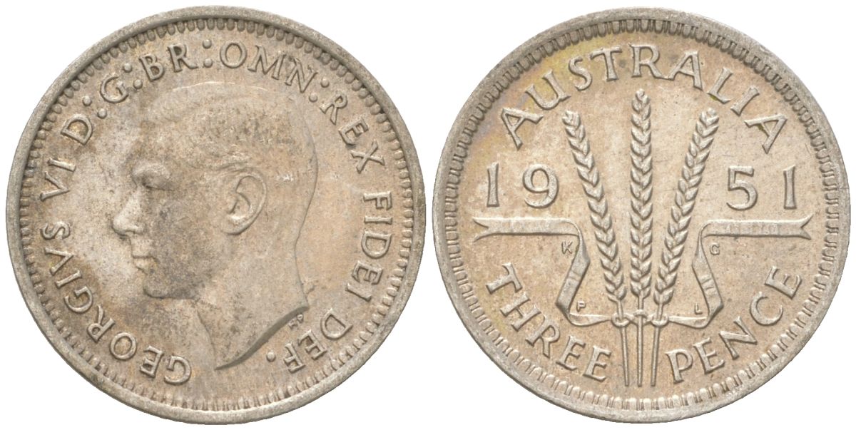 Австралия 3 пенса 1951 PL, Георг V (1936-1952) KM 44 серебро 4621-1227