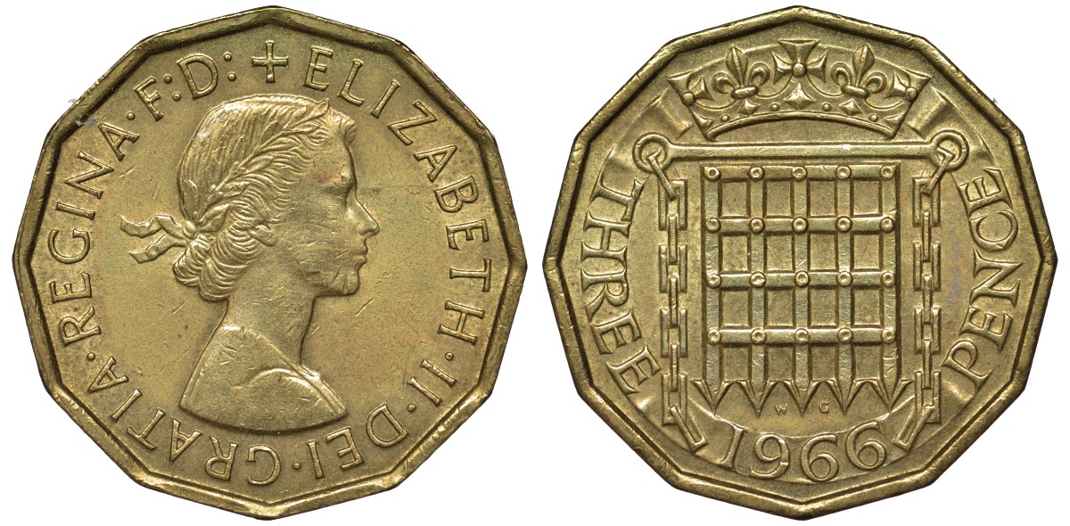 Великобритания 3 пенса 1966 Елизавета II (1952-2022) KM 900, Spink 4153 никель латунь 4122-943