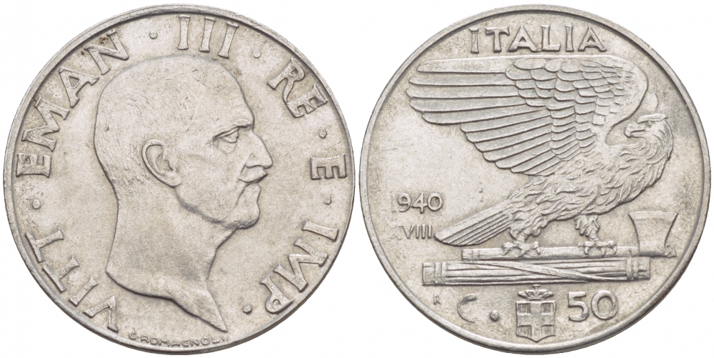 ИТАЛИЯ 50 ЧЕНТЕЗИМО 1940 R, ВИКТОР ИМАНУИЛ, XVIII ГОД KM 76b сталь 4548-141