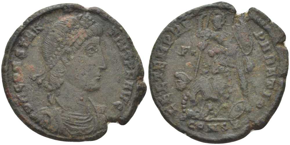 Римская Империя майорина 348 - 351 Констанций II, D N CONSTANTIVS P F AVG / император, поражающий персидского всадника, в поле Г, FEL TEMP REPARATIO, Константинополь, (степень редкости С2) RIC 81 биллон 1073-17-51