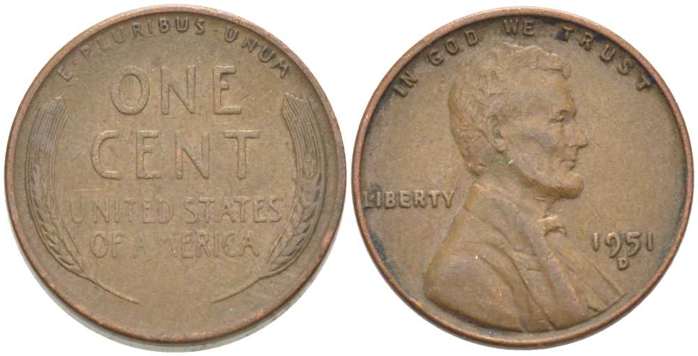 США 1 ЦЕНТ 1951 D, ЛИНКОЛЬН KM А132 медь цинк 218-562