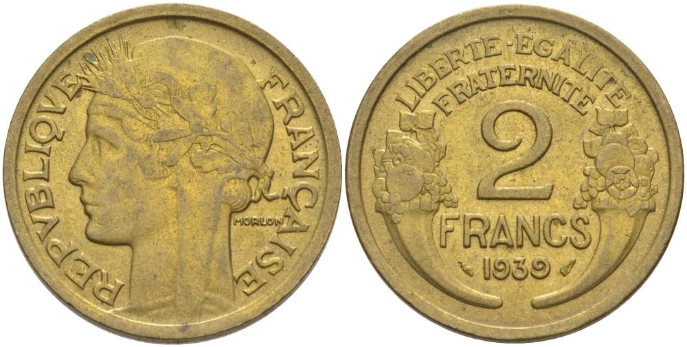 ФРАНЦИЯ 2 ФРАНКА 1939 ТИП MORLON KM 886, LE FRANC 268.12 алюминиевая бронза 3855-133
