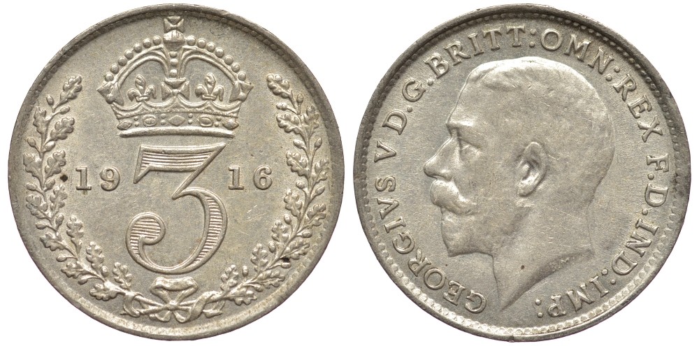 Великобритания 3 пенса 1916 Георг V (1910-1936) KM 813, Spink 4015 серебро 4528-451
